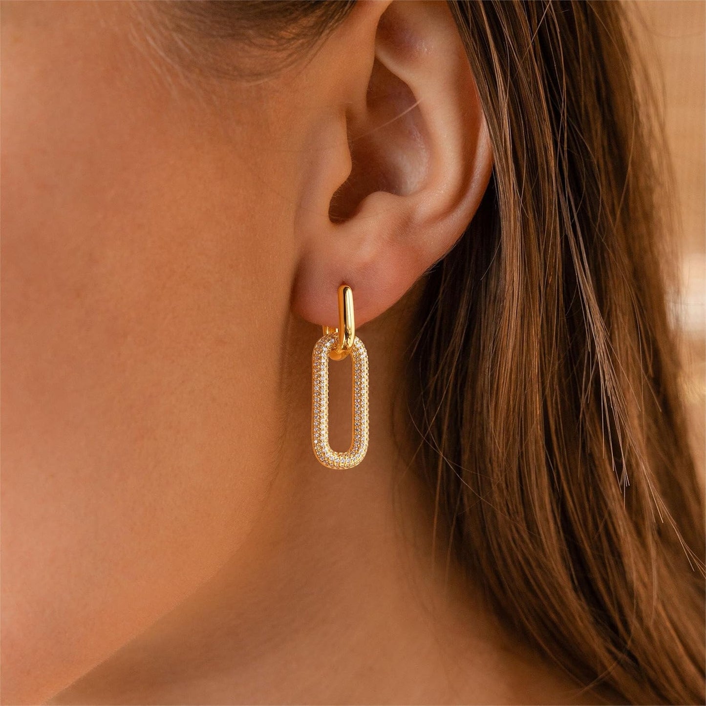 Gold Earrings for Women Trendy, Simple Dainty 14K Gold Plated Paperclip Square Chain Link Dangle Hoops Earrings Pin Stud Huggie Earrings Lightweight Hypoallergenic Minimalist Aesthetic Gold Jewelry for Christmas Gifts