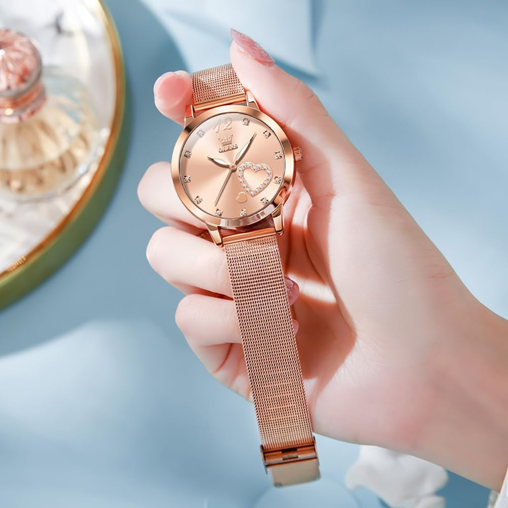 Womens Watch Gifts Set with Bracelet Rose Gold for Lady Female Minimalist Simple Slim Thin Casual Dress Analog Quartz Wrist Watches Waterproof Two Tone