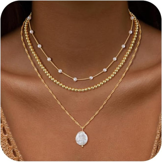 Layered Gold/Silver Necklaces for Women，Stackable 14K Gold/Silver Plated Choker Chain Necklace Simple Layering Stack Pendant Necklaces for Women Trendy Gold Set Jewelry for Women