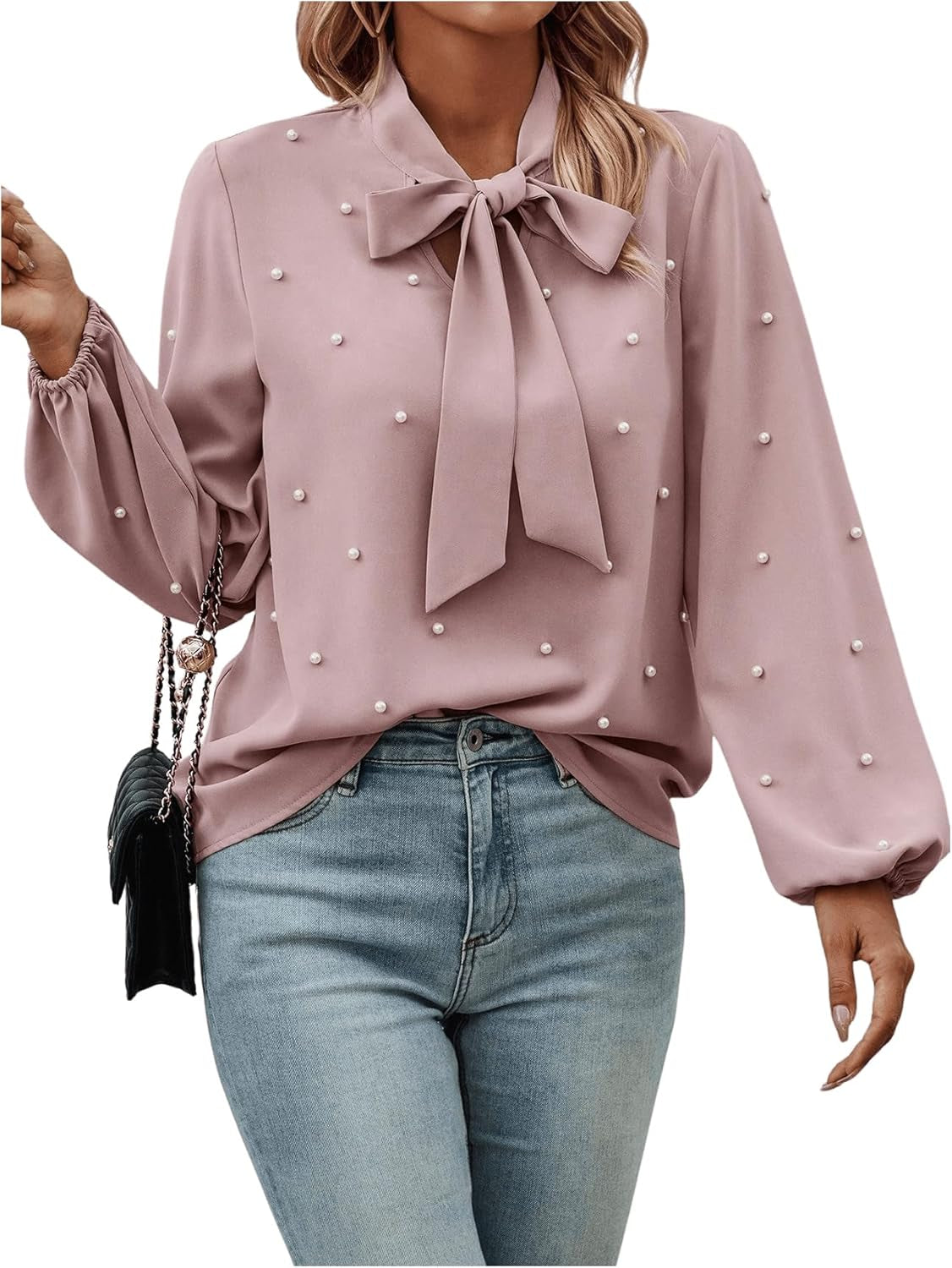 Women'S Pearls Bow Tie Mock Neck Long Sleeve Shirts Casual Loose Fit Blouse Top