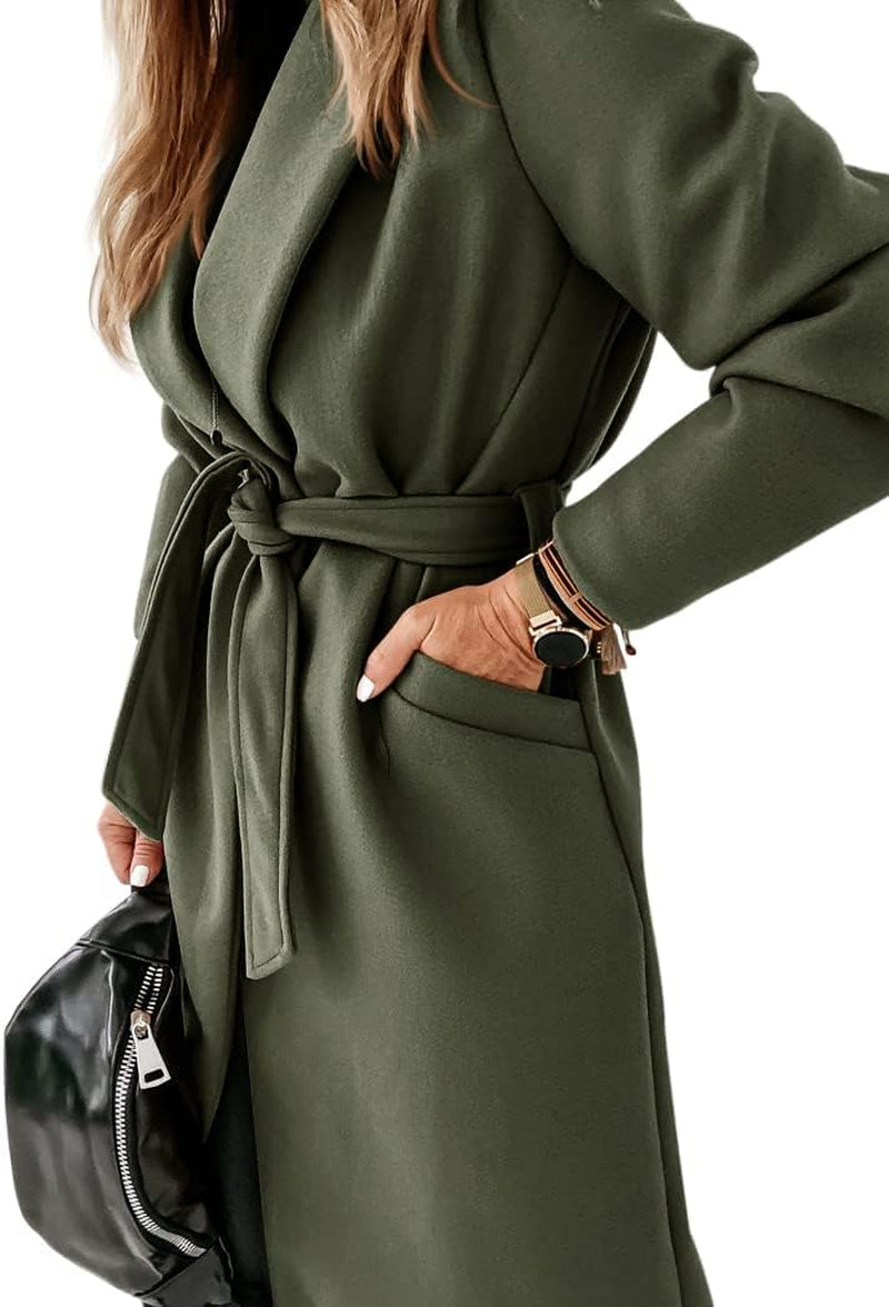 Womens Classic Coat Lapel Collar Open Front Belted Long Jacket